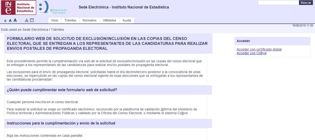 Pantalla de inicio del Instituto Nacional de Estadística.