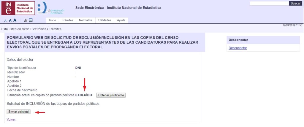 Solicitud exclusión del censo para propaganda electoral